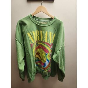 Nirvana Graphic Sweatshirt Green Yellow Spiral Smiley Face Crew Neck Women's S M